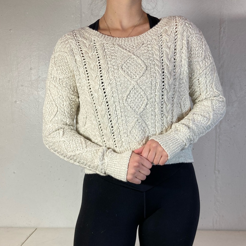 Cropped Cream Cable Knit Crewneck Sweater